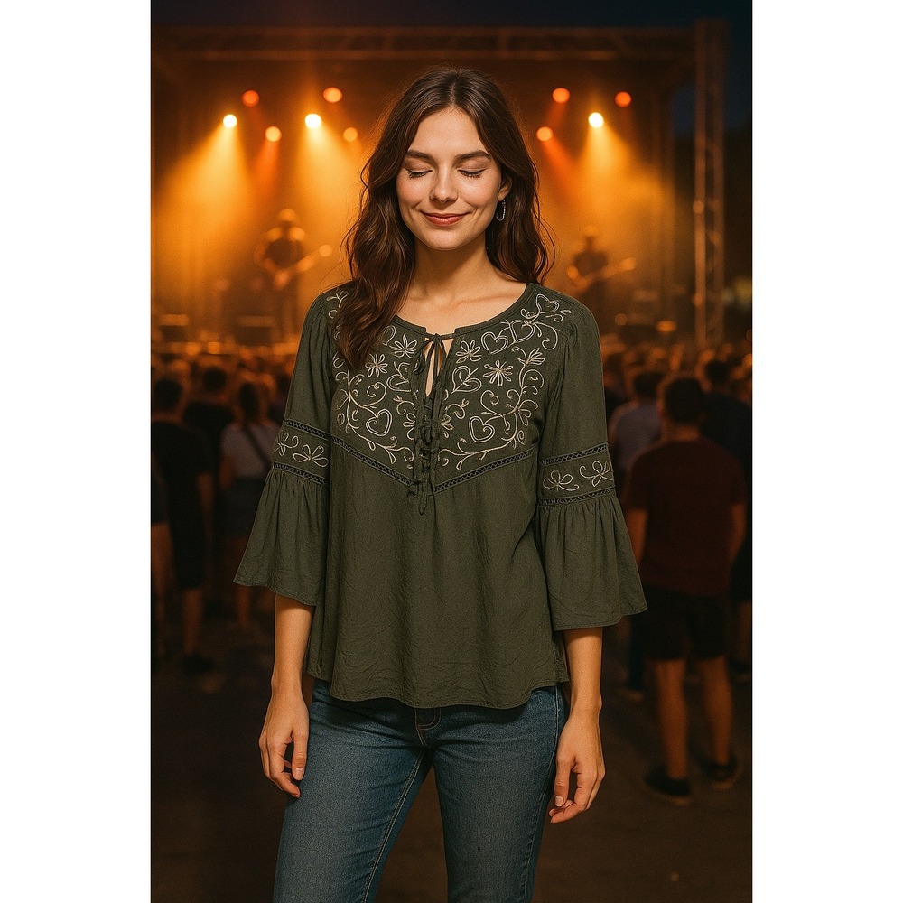 Boho Western Fairgrunge‎ Peasant Dark Green Silver Embroidered Bell Sleeve S Top